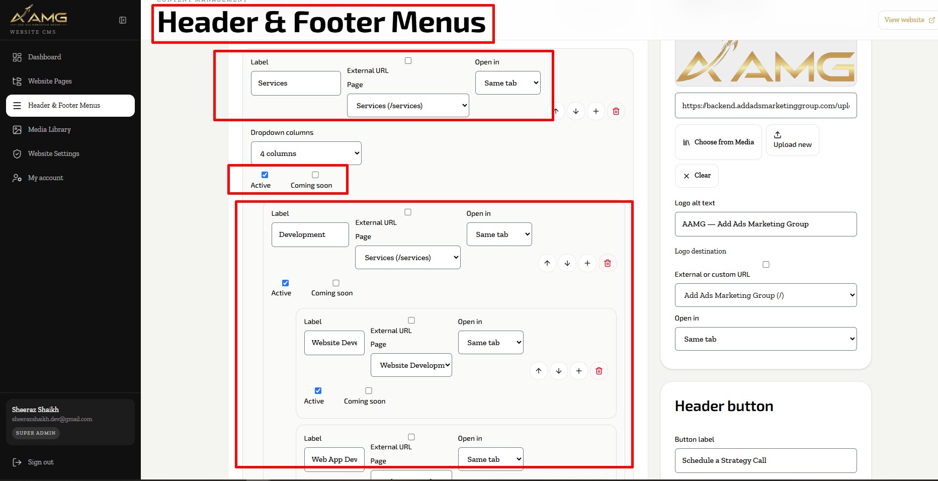 AAMG CMS navigation and website settings